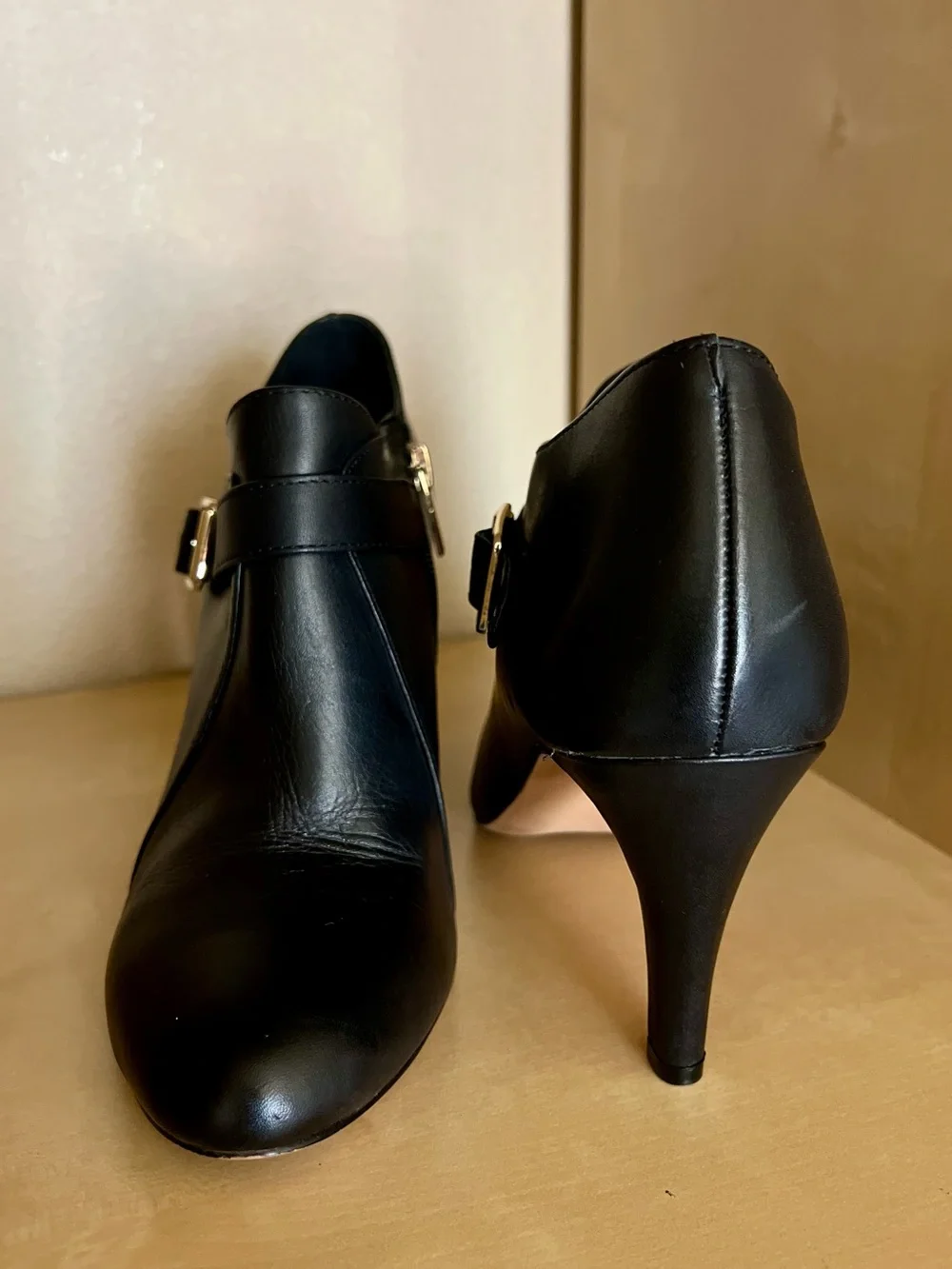 Vince Camuto Vonilesa Black Leather Ankle Stiletto Booties with Gold Buckle